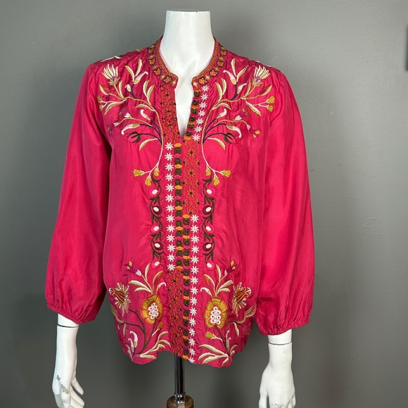 Johnny Was Workshop Top Small Floral Pink Silk Embroidered Blouse Boho Nwt